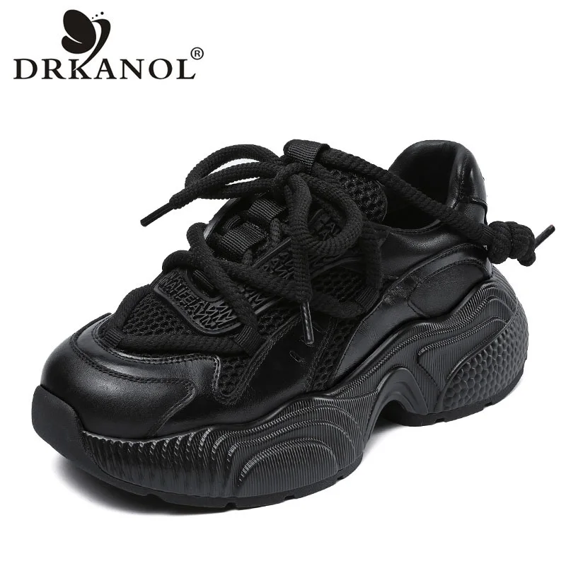 DRKANOL 2026 Spring Summer Chunky Platform Casual Sneakers Women Genuine Leather Air Mesh Wedges Heel Lace-Up Dad Shoes Black