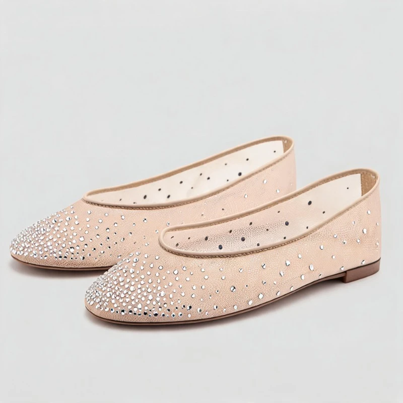 Luxury Shining Rhinestone Detail Ballet Flats Women Fashion Round Toe Breathable Mesh Mary Jane Shoes Comfortable Casual Shoes