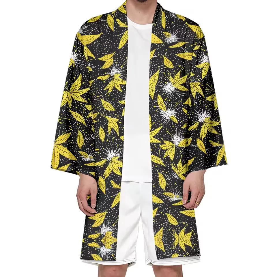 Autumn Samurai Kimono Cosplay Japanese Fashion Long Haori Retro Kimono Men Vintage Cardigan Unisex Robe Plant Print Yukata