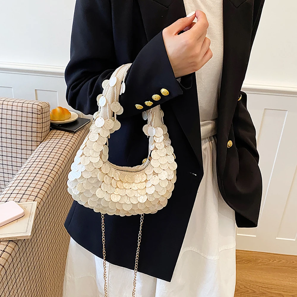 Women's Hand Made Sequins Tassel Chain Crossbody Bag Banquet Party Elegant Soft Versatile Handbags Summer Beach Shoulder Bags