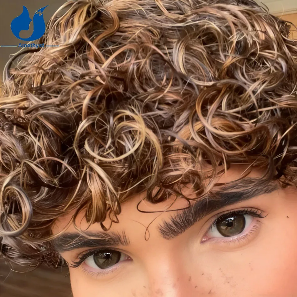 Amethyst Highlight Blonde Kinky Curly Short Pixie Cut Wig for Men with Bangs Brown Base Colored Real Human Hair Full Lace Wig