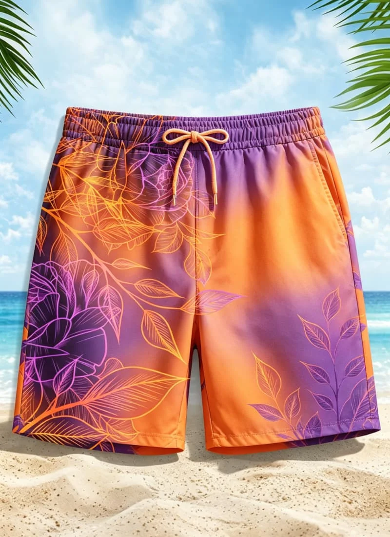 Men's neon gradient tropical print quick drying beach shorts, breathable and fashionable, suitable for all summer occasions.