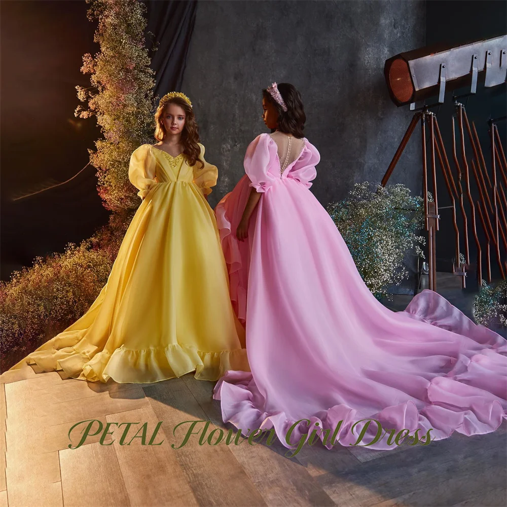 Petal Sunshine Yellow Children Birthday Wedding Dresses V Neck Short Sleeve First Communion Gown A Line Girls Princess Dress