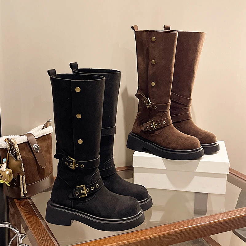 Women MidCalf Stacked Boots Double Metal Buckle Rivet Decor Thick Platform Sole Suede Retro Casual Fall Winter Ladies Footwear