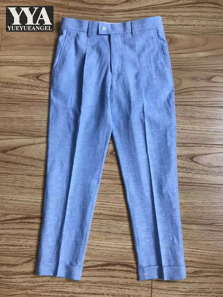 Summer Thin Light Blue Cotton Linen Men Pants Straight-Leg Slim Fit Long Trousers Business Casual Mid Waist Ankle Length Pant