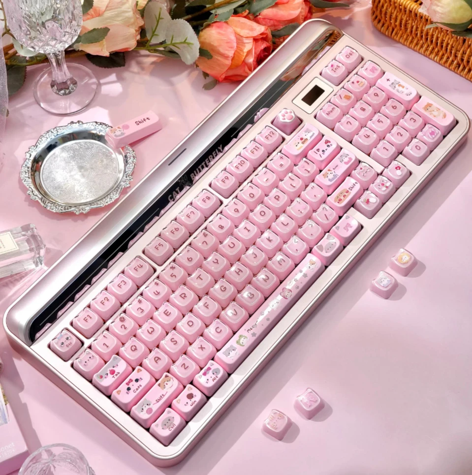 MAIMOOO Crystal Cute Cat Keycaps White And Pink Jelly Jello Texture Side-Printed Pc Mao Custom Keyboard Keycaps