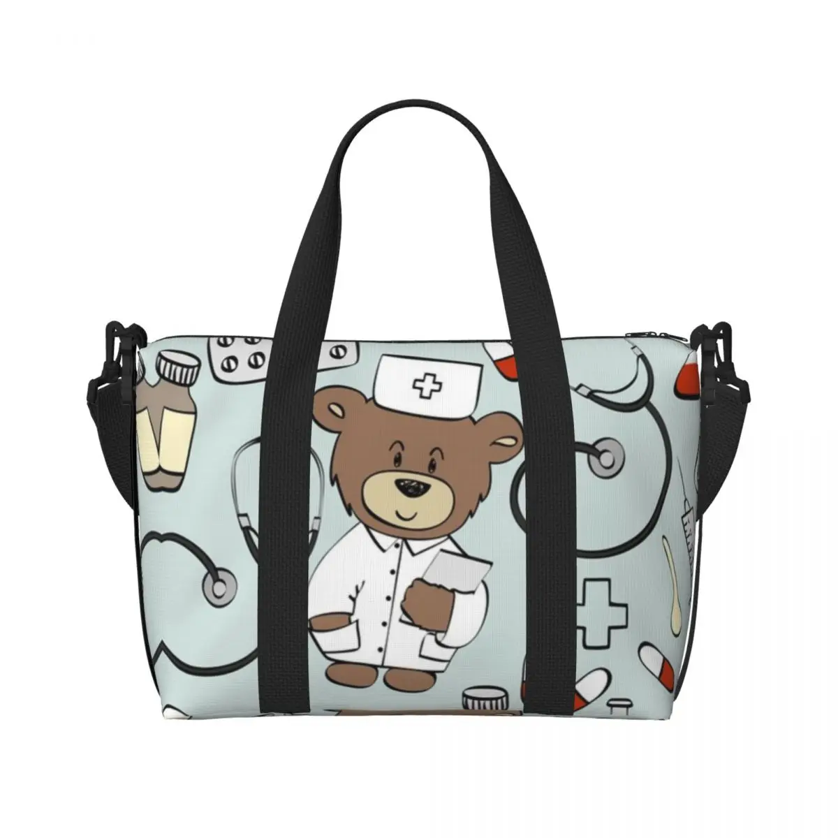 Custom Nurse Pattern With Bear Beach Tote Bag Women Health Care Nursing Large Compartment Beach Gym Travel Bags