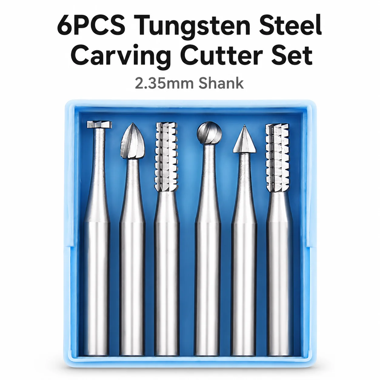 6PCS Tungsten Steel Carving Cutter Set 2.35mm Shank Wood Carving Burr Bits for Walnut Kernel Jewelry Engraving Rotary Tool