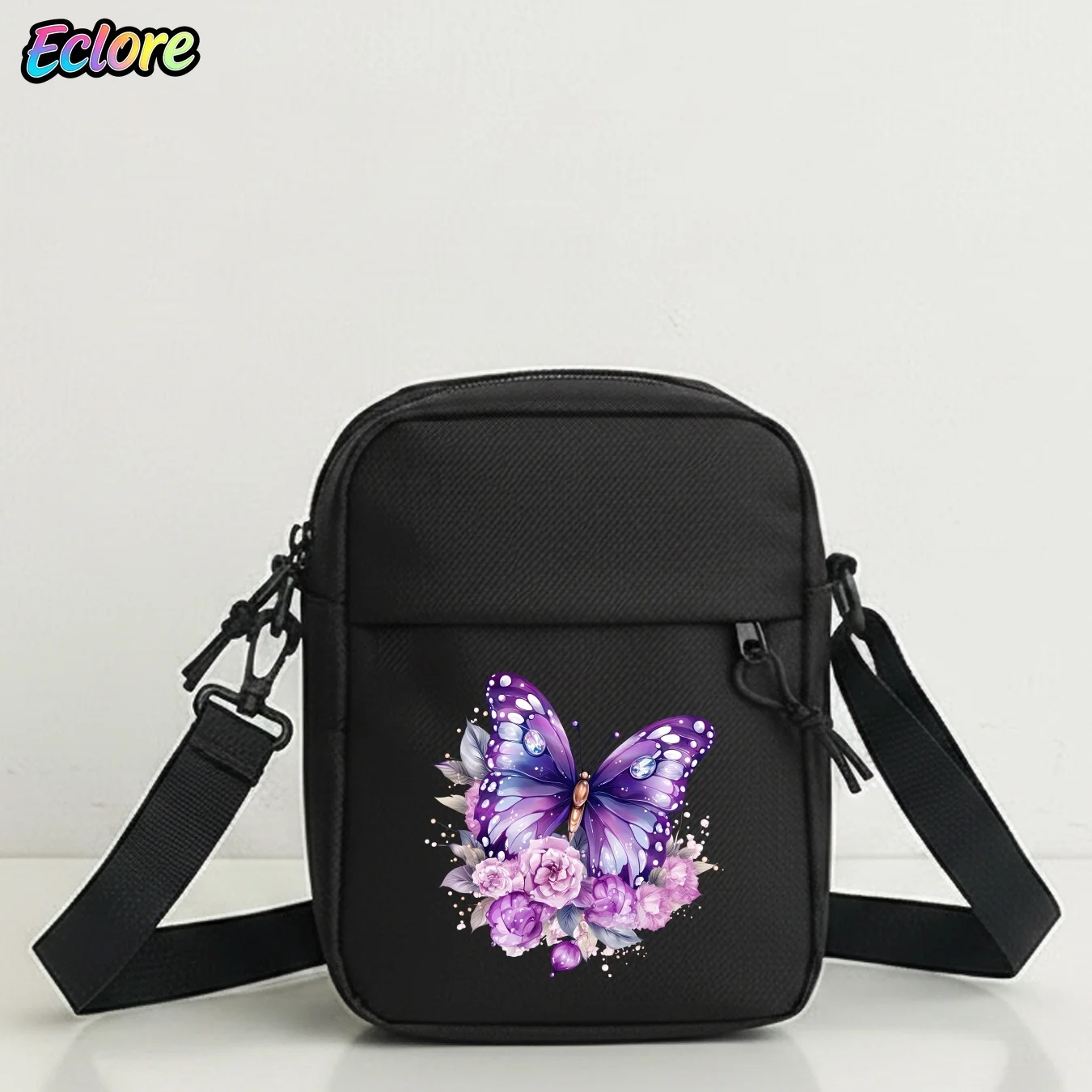 Elegant Purple Butterfly Watercolor Floral Crossbody Bag for Women, Detachable Strap, Casual Shoulder Purse, Daily Fashion