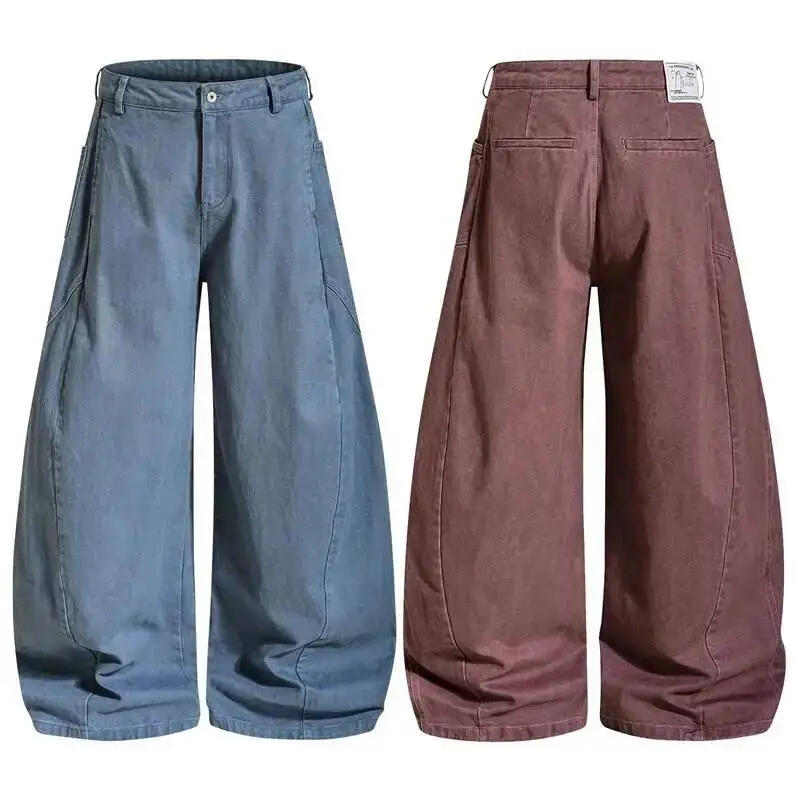 American Style Design Curved Wide Leg Men's Cargo Pants Unisex Wearresistant Dirtresistant Casual Loose Long Pants EAIJ