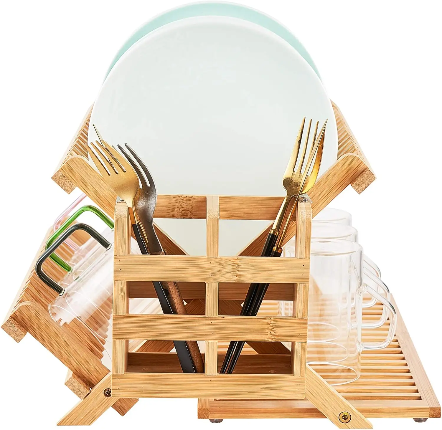 Dish Rack Bamboo Wood 3 Tier Collapsible Large with Utensil Holder Folding Natural Bamboo