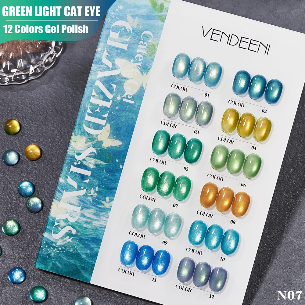 Vendeeni 12 Colors/Set Green Light Crystal Cat Eye Gel Nail Polish Glass Beads Magnetic UV LED Cat Eye Gel Varnish With Display