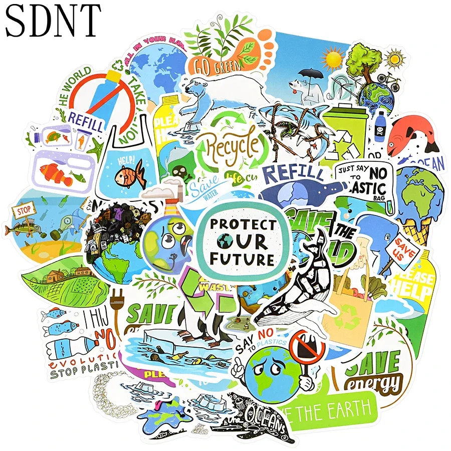 50 PCS Environment Green Stickers Gift Protect the Earth Publicity Cartoon Waterproof Stickers for Kid DIY Bike Laptop Car Decal