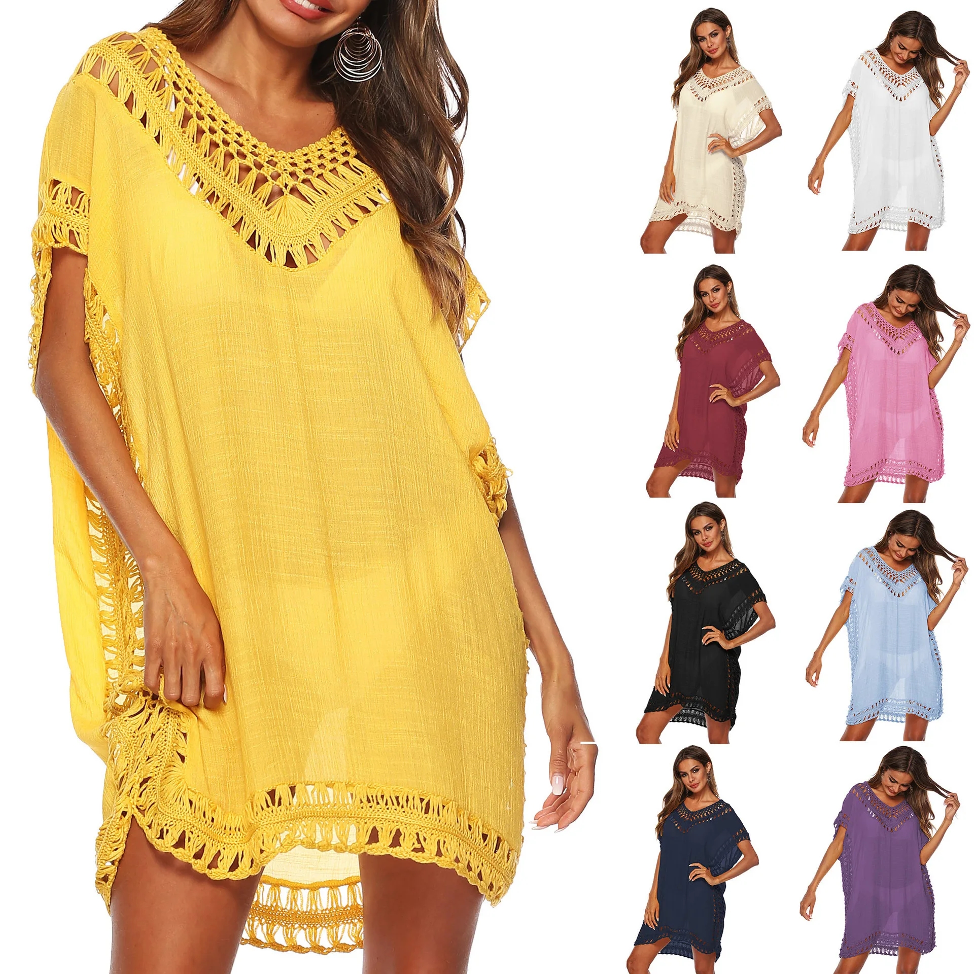 New V-neck Beach Dress Cover-Up, Openwork Hand-Crocheted Beach Cover-Up, Beach Mini Skirt
