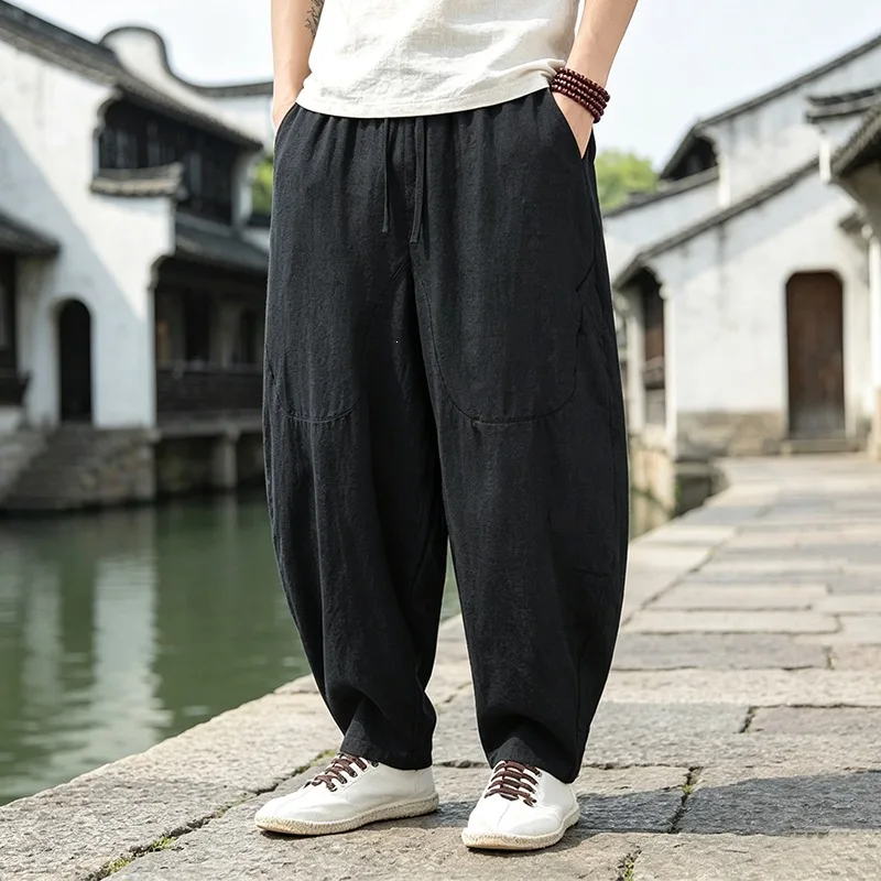 Men Summer Linen Drawstring Curved Cut Loose Trousers Chinese Style Zen Casual Wide Leg Pants