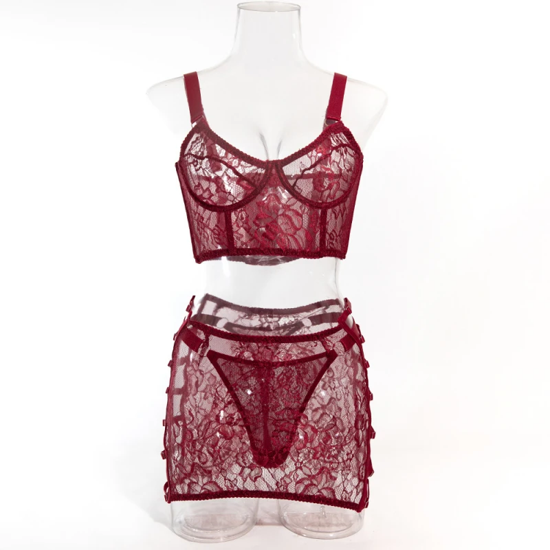 Bikini mesh embroidery sexy lingerie hollow-out see-through underwire strap swimsuit three-piece set