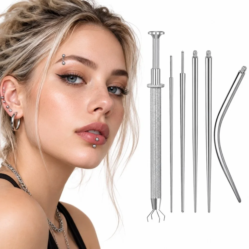 6/7pcs Stainless Steel Piercing Taper Tool Earring Applicator Earring Tool Puncture Connecting Pin Straight/Curved Pole