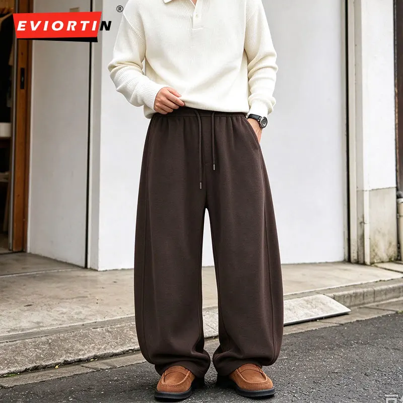 Men's Heavyweight Wool Blend Curved Wide Leg Trousers Streetwear Fall Winter Warm Breathable Loose Fit Draped Casual Sweatpants