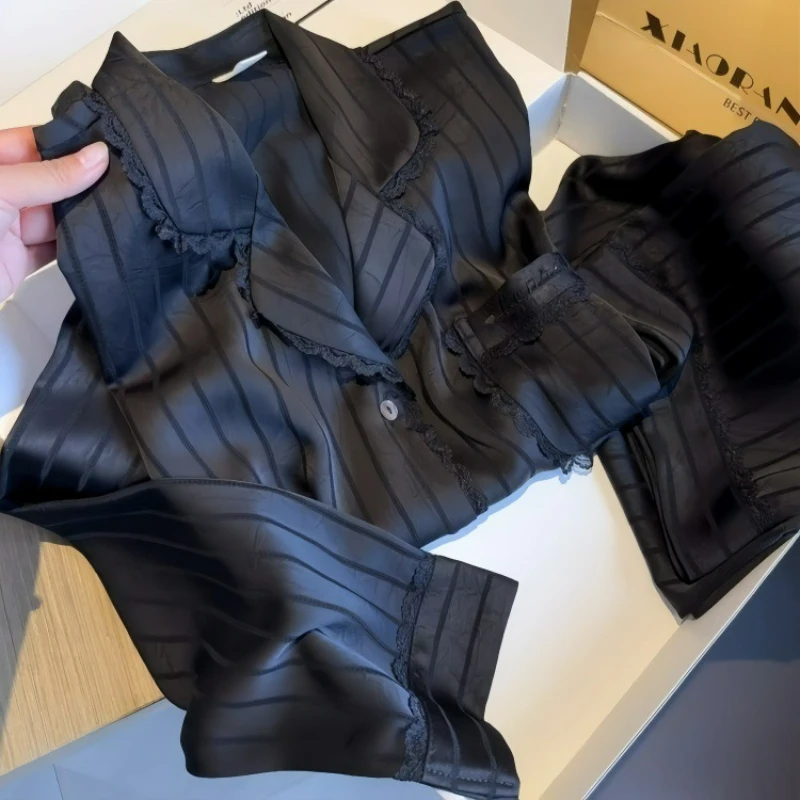 Ice Silk Single-breasted Pajamas for Women 2026 Spring Fashion Light Luxury High-end Long-sleeved Long Pants Lace Home Wear Set