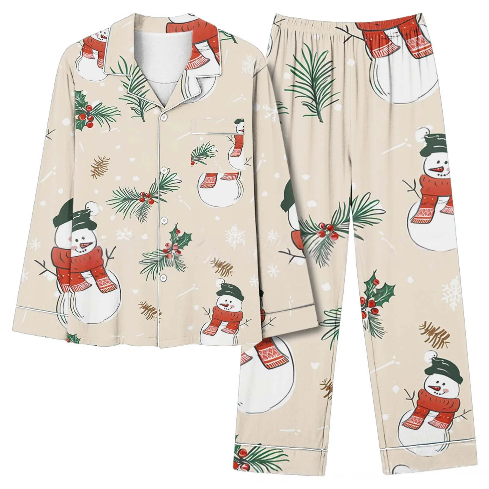 Cute Snowman & Christmas Tree Print Coral Fleece Pajamas Set for Women - Long Sleeve Long Pants Soft Flannel Sleepwear Winter Ho