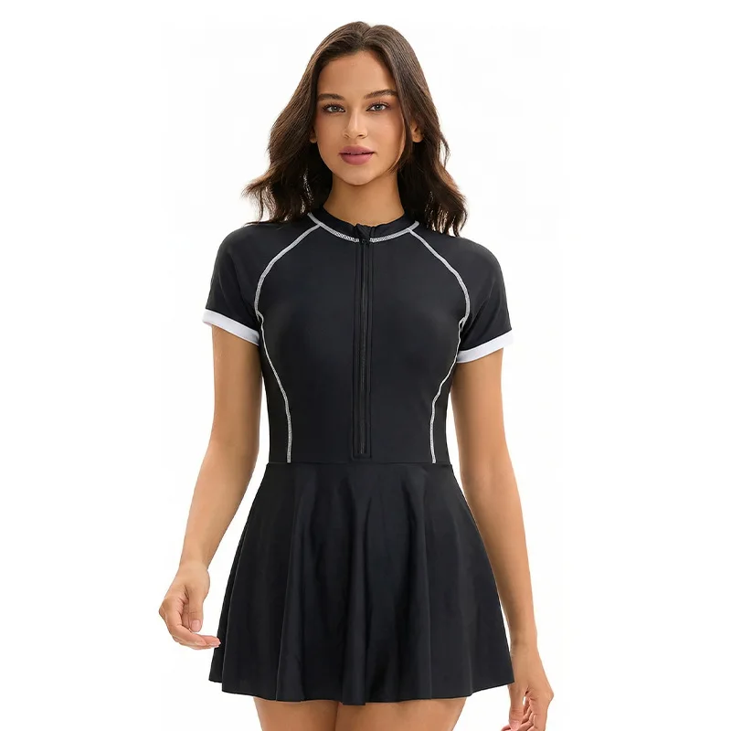 One Piece Swimsuit Women Swim Dress Short Sleeve Swimwear Front Zipper Rash Guard UPF 50 2026 New Beach Bathing Suit Beachwear