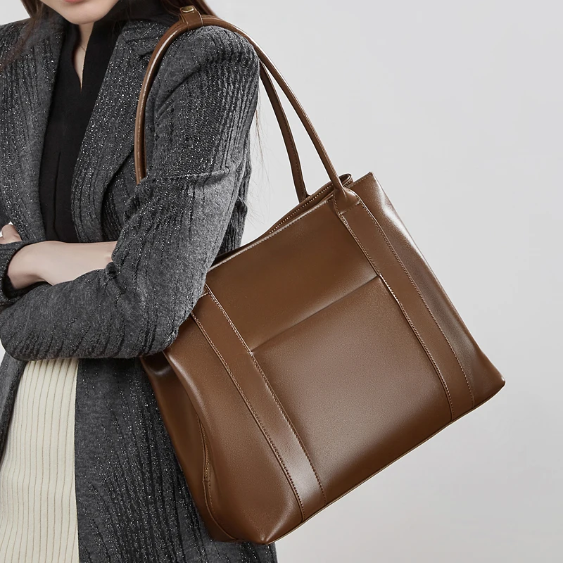 Toptrends Vintage Genuine Leather Large Tote Shoulder Bags For Women 2026 Luxury Designer Bucket Shopper Office Ladies Handbags