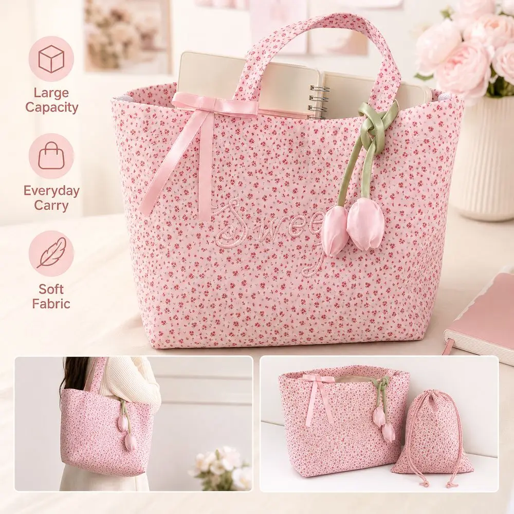 New Pink Flower Handbag Embroidery Letter Floral Printed Shoulder Bag Large Capacity Tote Bags Women
