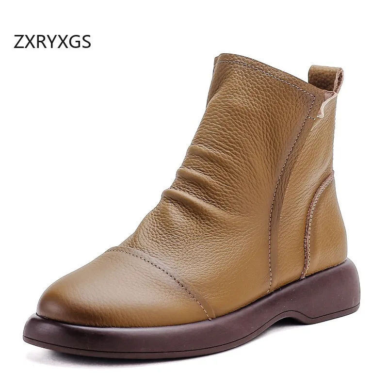 ZXRYXGS Elegant Fashion Single Genuine Leather Boots 2026 Most Popular Women's Autumn Winter Boots Elegant Comfort Flat Boots