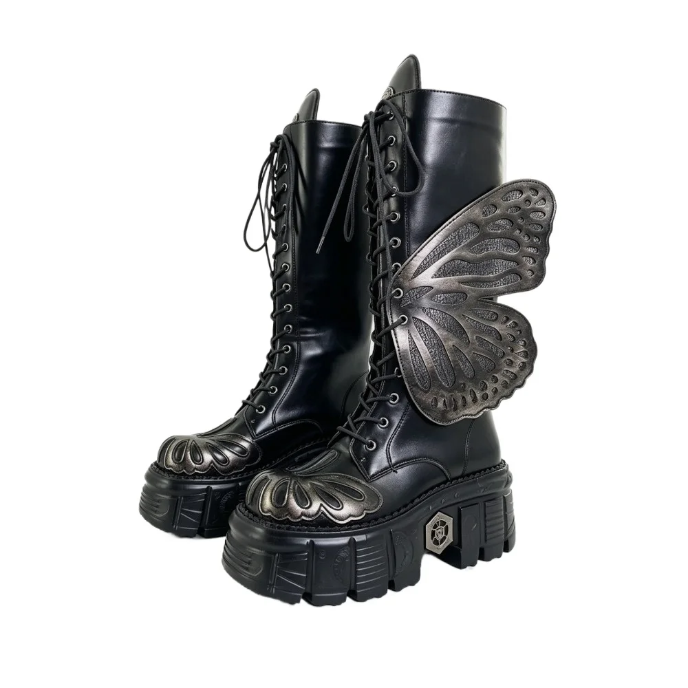 Fashion Butterfly Black Punk Motorcycle Boots Round Toe Sewing Embroidery Thick Soled Knee High Boots Winter Platform Rock Shoes