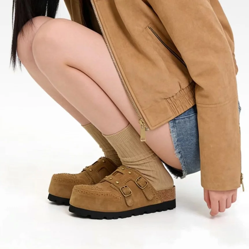 Women Platform Mules Suede Double Buckle Belt Slip On Shoes Round Toe Thick Sole Casual Outdoor Daily Footwear Slippers