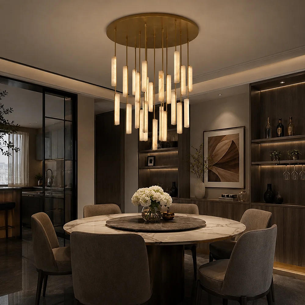 Vintage White Marble Ceiling Chandelier Spain Natural Alabaster Linear LED Pendant Lights for Living Room Kitchen Island Bedroom