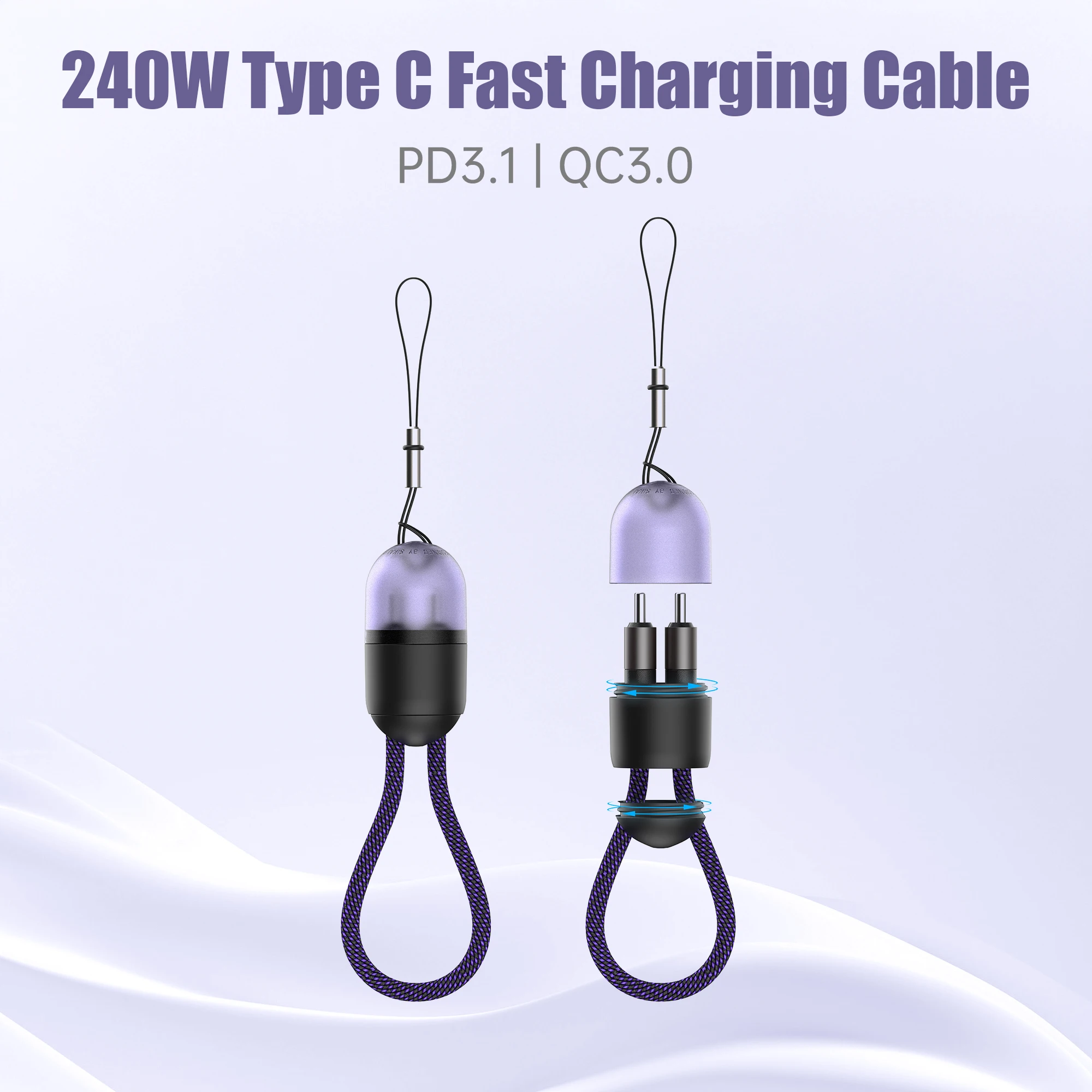 Keychain Lanyard PD 240W Fast Charging Cable Type-C to Type C Charger Cord 20cm USB C Data Transfer for Xiaomi Samsung iPhone 16