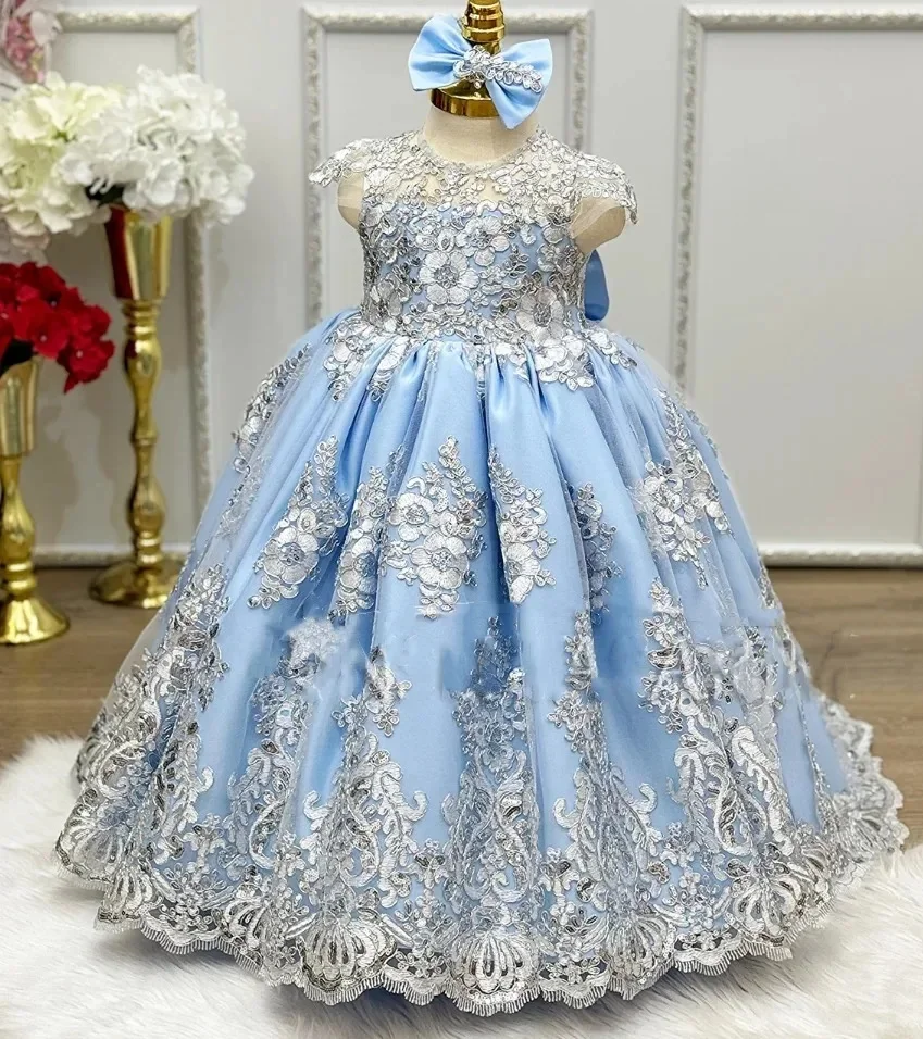 Elegant Short Sleeve Backless Bow Customized Flower Girl Dress For Wedding Applique Kids Birthday Party First Communion Gown