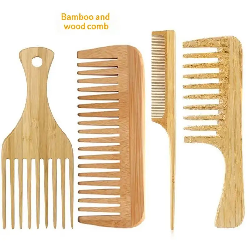 B1/3/4Pcs Handmade Bamboo Anti-Static Combs Set Natural Bamboo Comb For Women Men Hair Beard Wood Combs For Teasing Strands