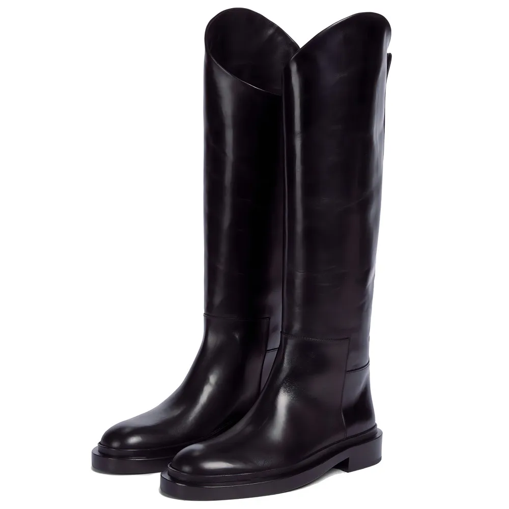 Classics Women Autumn Winter Knee High Boots For Woman's Round Toe Slip-On Flats Square Heels Knight Botas Mujer Leather Boots