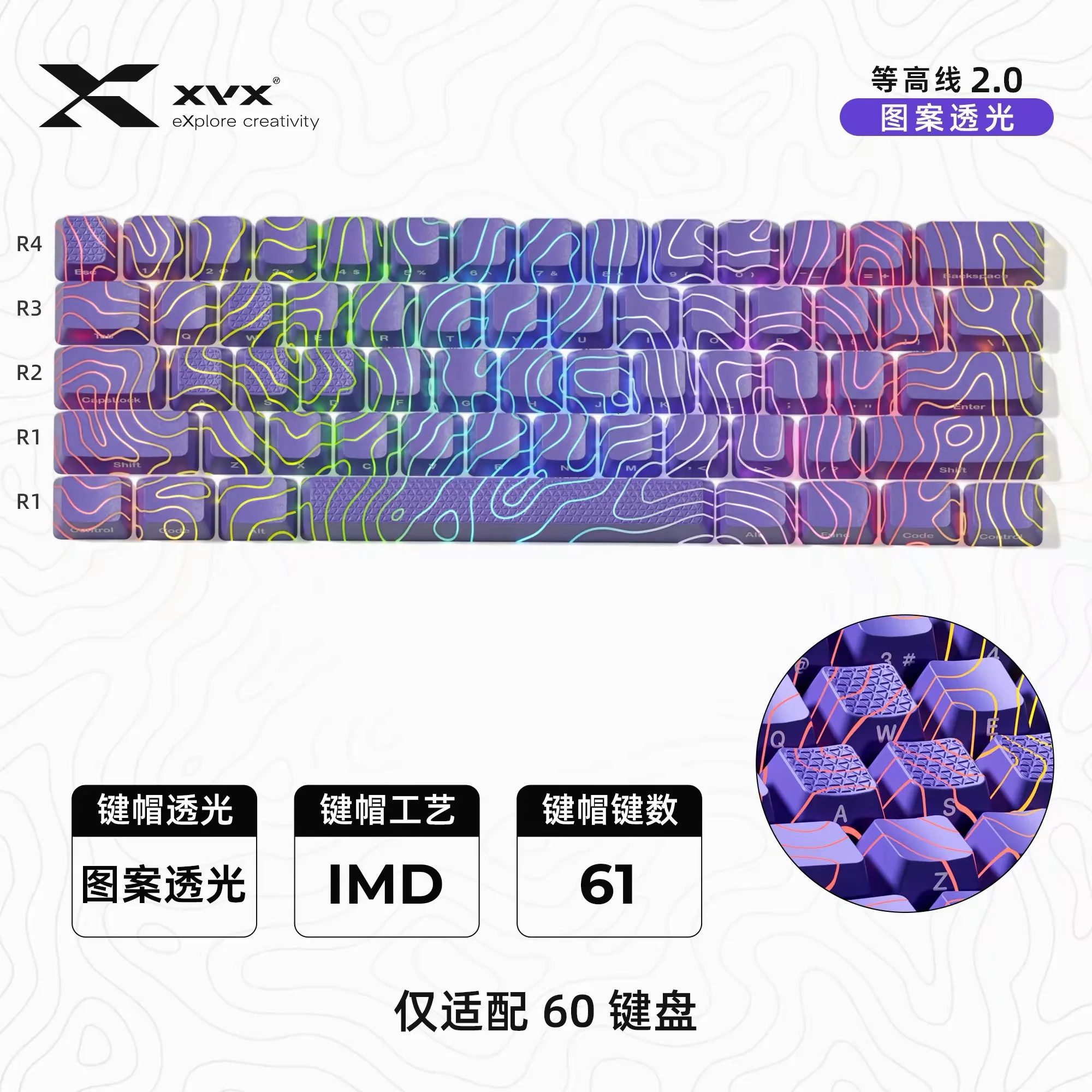 XVX "Contour Line 2.0" Colorful Keycaps Selecting Patterns with Transparent Glowing Personalized Side-engraved IMD Keycaps.