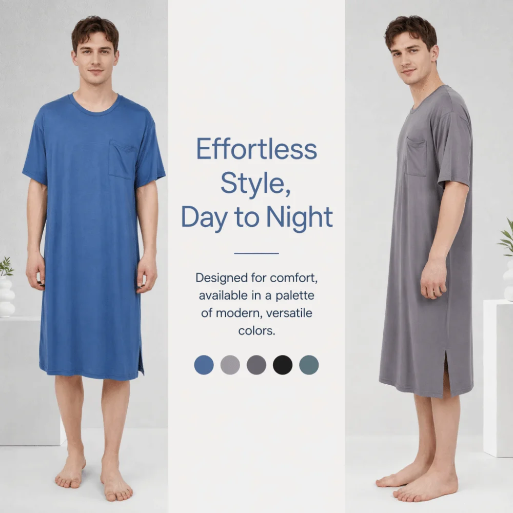 Casual Knee-Length Men's Sleeping Dress Elastic Soft Night-robe Thin with Pocket Modal Pajamas Sleepwear