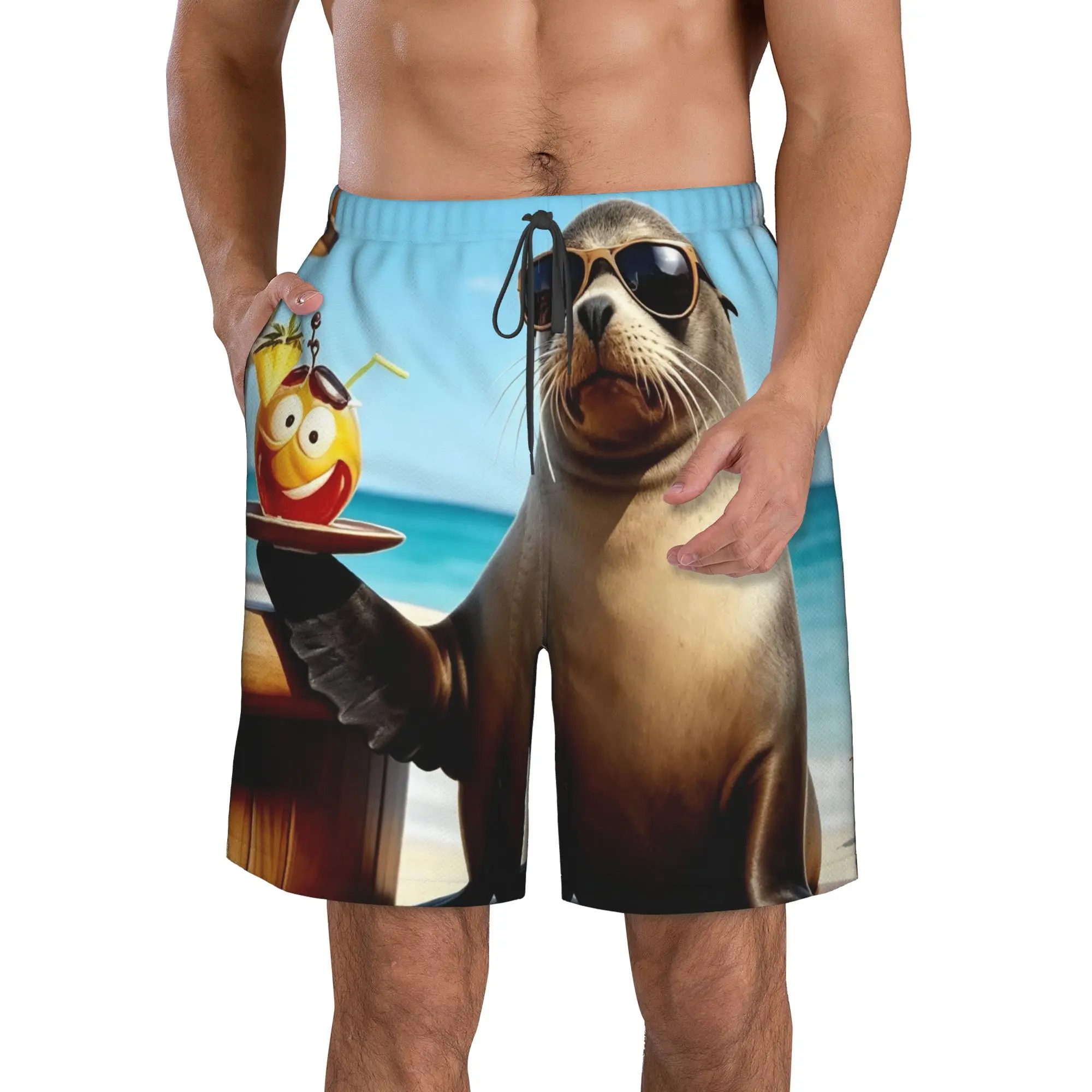 Seals Animal on Beach Sea Vacation Trunks Beach Board Shorts Casual Quick Dry Swim Summer Men Pants