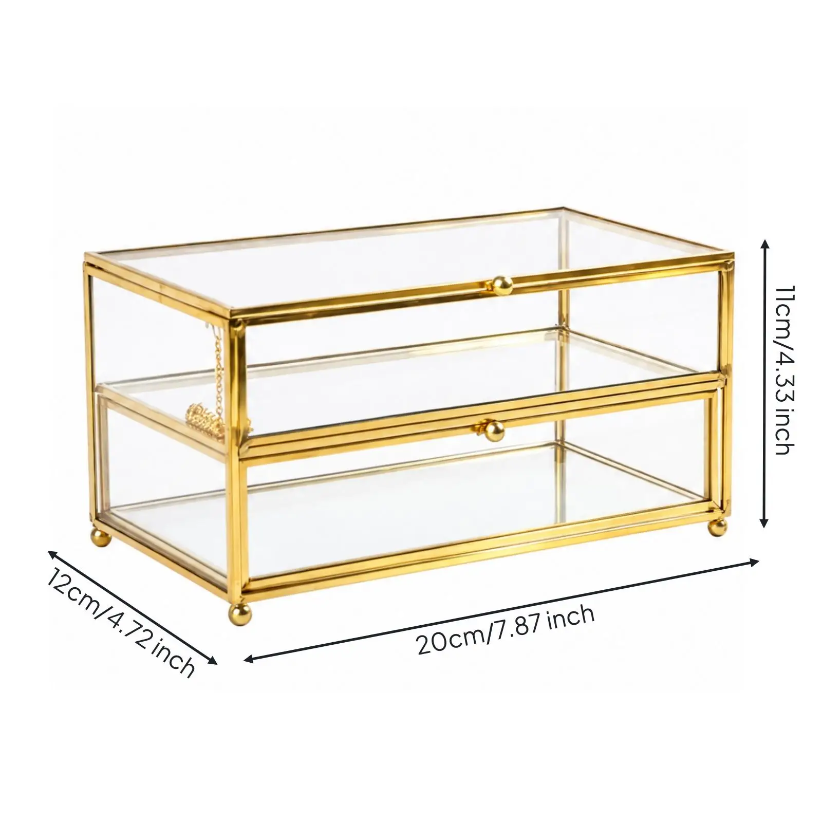 Sleek Desktop Jewelry Organizer Case with Glass Panels Gold Frame for Necklaces Earrings Rings Concealed Storage