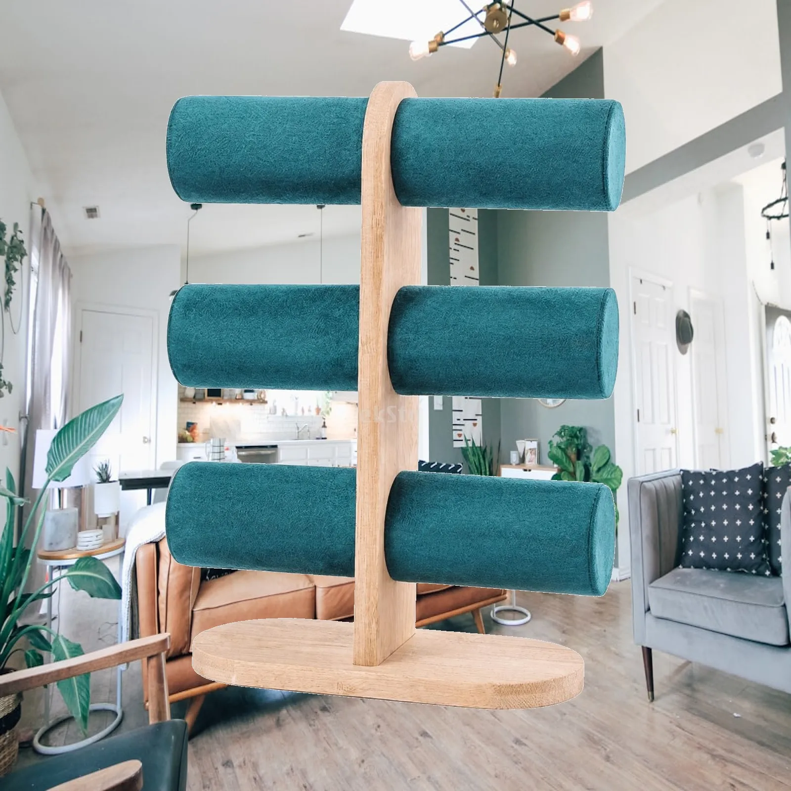 Wooden Jewelry Display Rack Three Tier Flocking Cloth Bracelet Stand for Household Storage Retail Counter Showcase