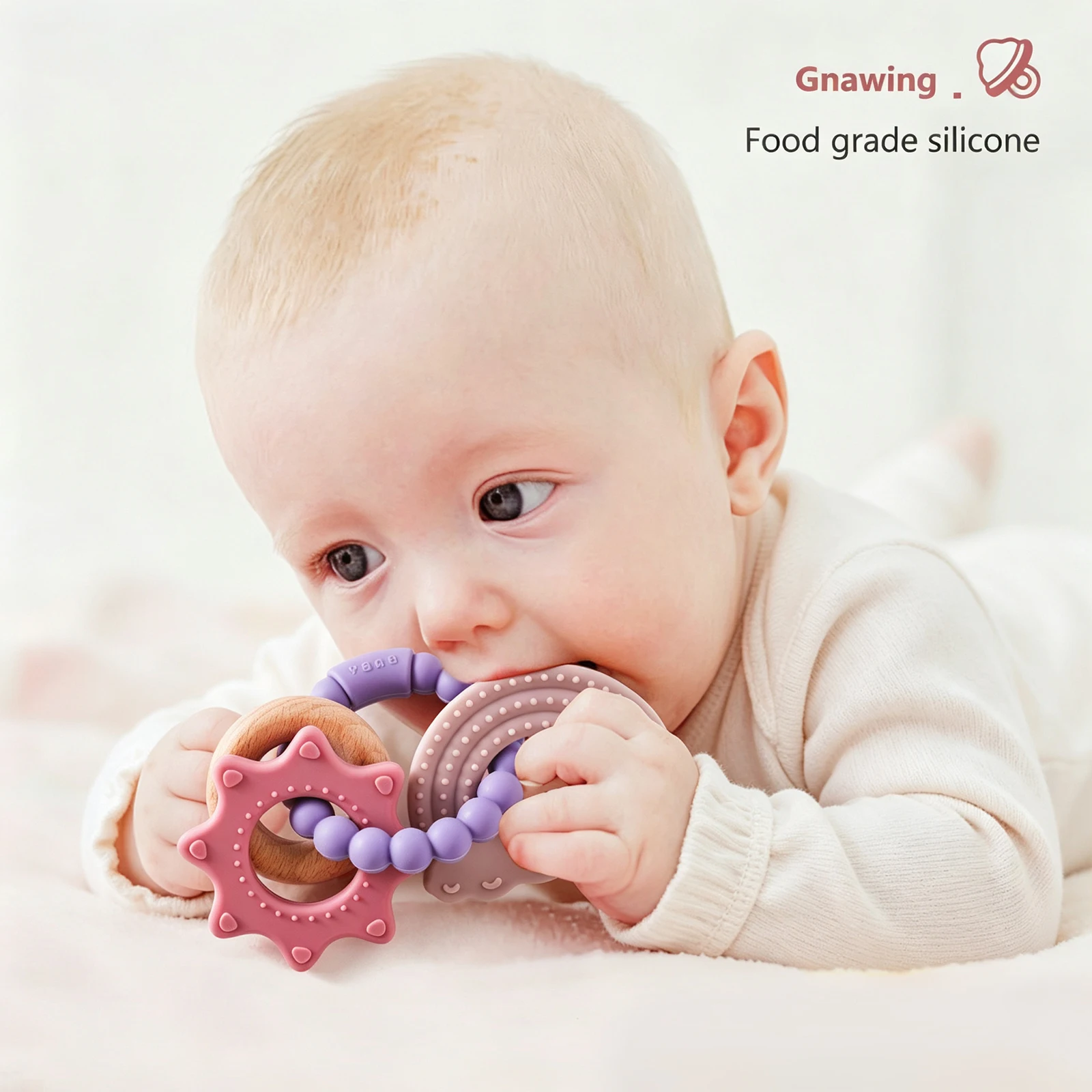 Food-Grade Silicone Baby Teether BPA-Free Teething Toy Ring 0-12 Months Cartoon Bear Carousel Sensory Gift for Toddlers