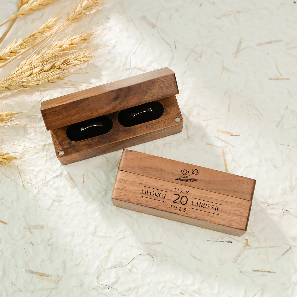 Free Personalized Wedding Ring Box Ring Engagement Bearer Box Custom Proposal Modern Rustic Wedding Wide Wood Double Ring Boxs