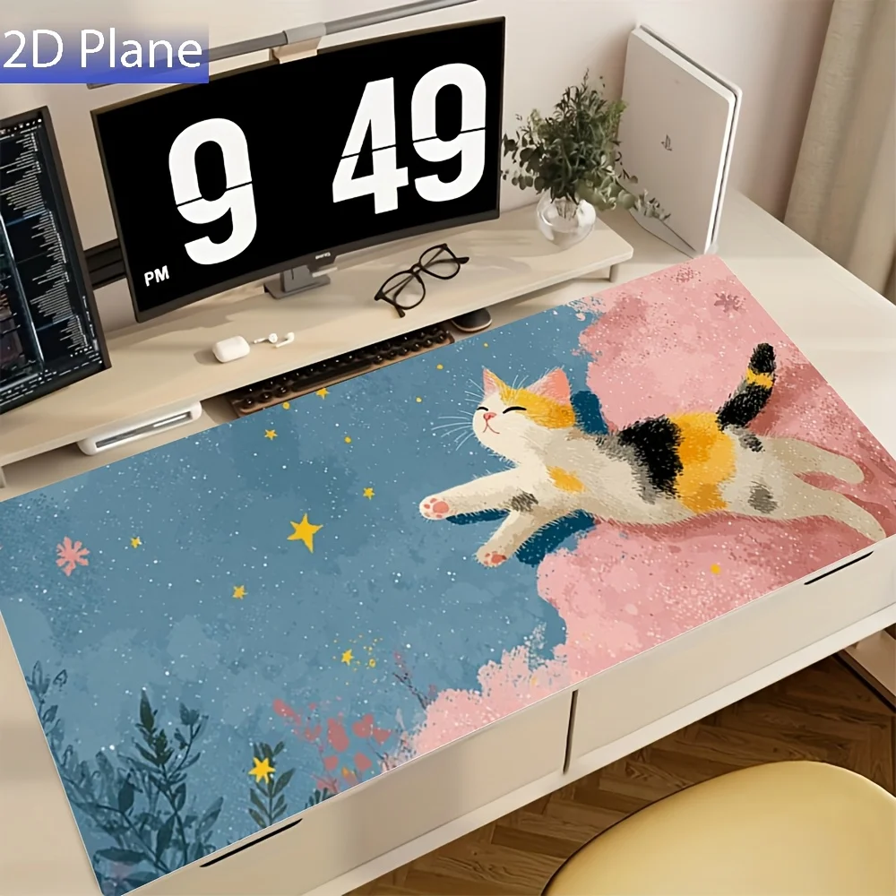 1pc Oversized, Non-Slip Desk Mat, Mouse Pad Featuring a Calico Cat Leaping Towards a Starry Sky Design, Suitable for PC, Office Desks, And Home Use, Available