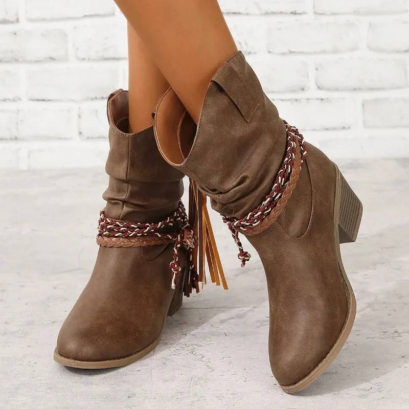 European American Mid Top Women Boots Round Toe Braided Pleated Fringe Decor Thick Block High Heels Fashion Ladies Footwear