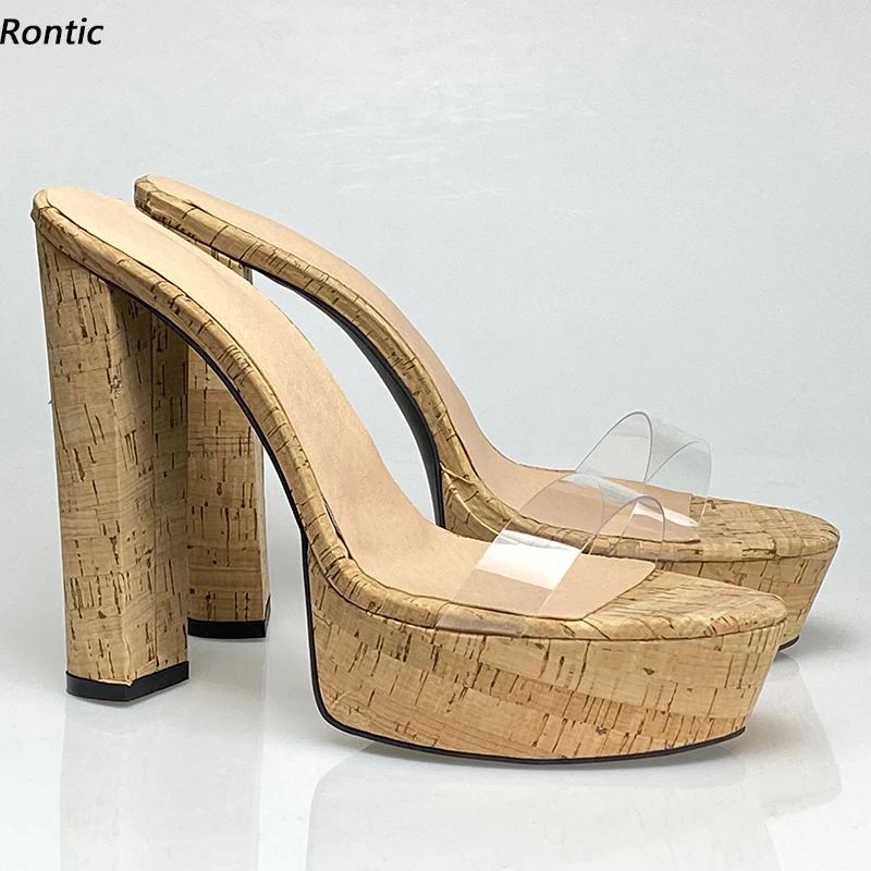 Rontic Handmade Women Platform Mules Sandals Unisex Cork Block Heels Open Toe Pretty Transparent Casual Shoes US Size 5-20