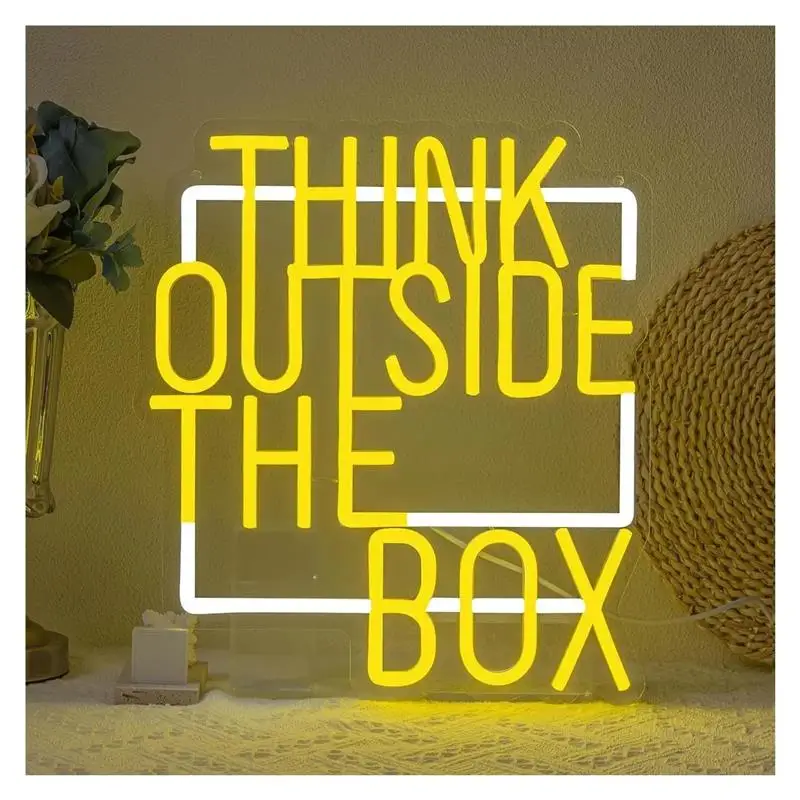"Think Outside The Box" Neon Light - USB Powered, With Dimmer, For Offices, Creative Spaces 40x35cm