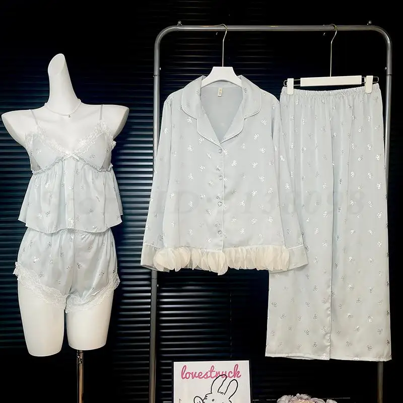 Luxury Bow 4PCS Pajamas Set Ice Silk Home Clothes Sleepwear Sexy Cami&Shorts Pyjamas Suit Female Elegant Nightwear Lounge Wear