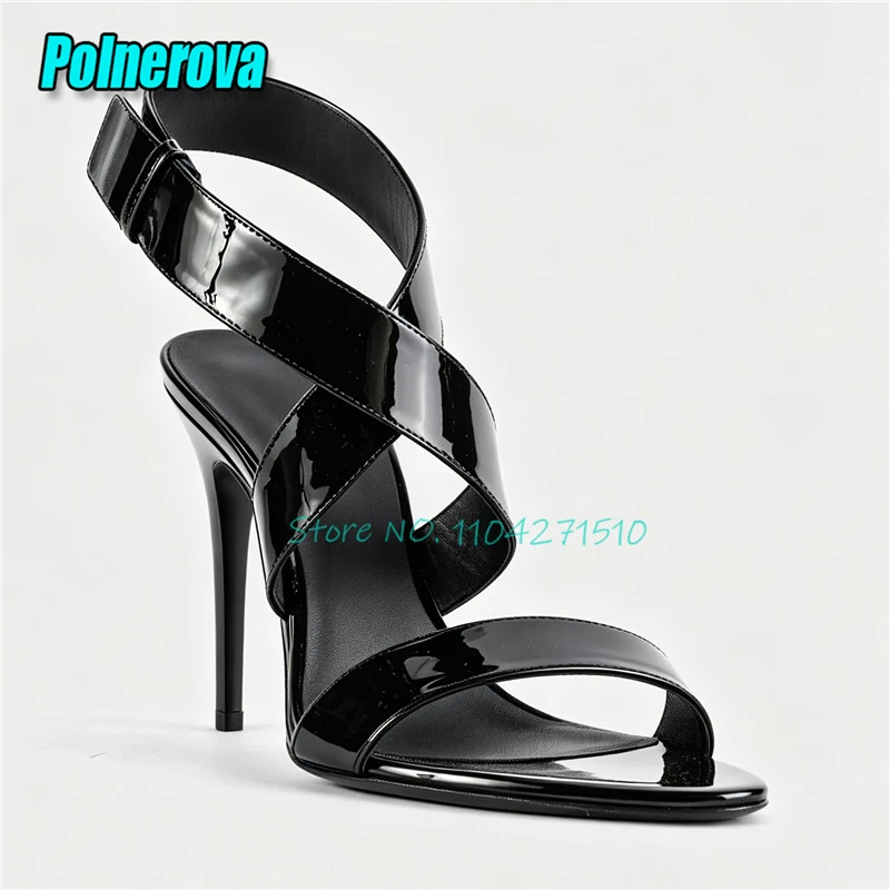 Summer New Patent Leather Slingback Sandals Sexy Open Toe Ankle Cross Strap High Heels Fashion Party Women's Shoes Big Size
