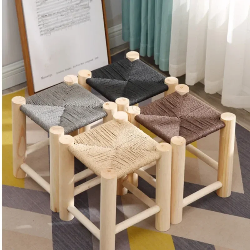Woven Wooden Shoe Changing Stool Pine Solid Wood Handcrafted Stool Non-Slip Seat for Home Use Modern Chair for Living Room