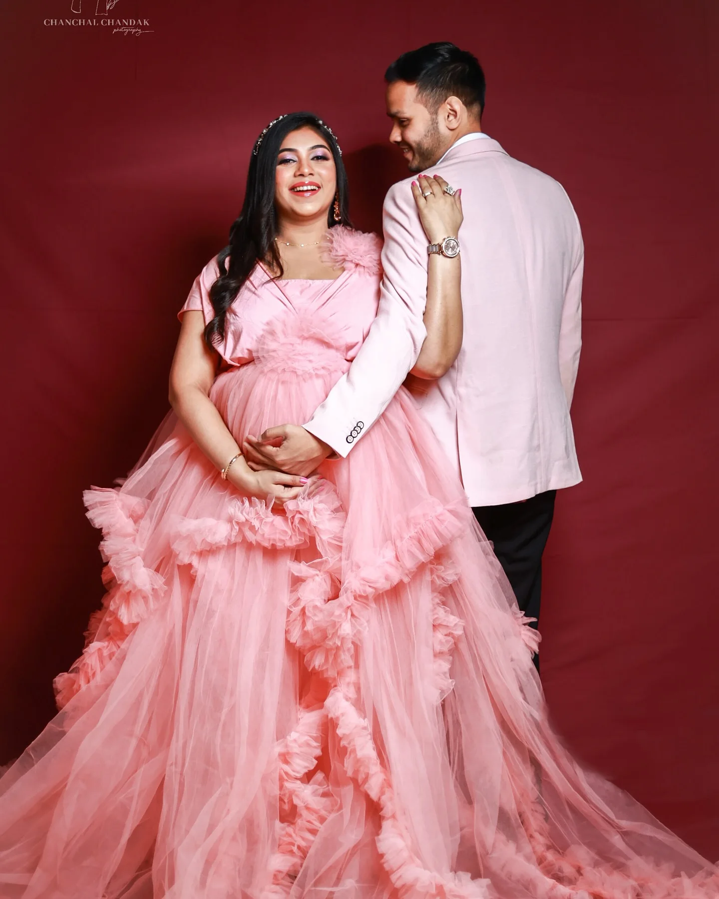 Pink Women Pregnant Prom Dress Sexy V Neck Sleeveless Maternity Robes Tiered Tulle Mesh Evening Gown Sleepwear Customized Skirt